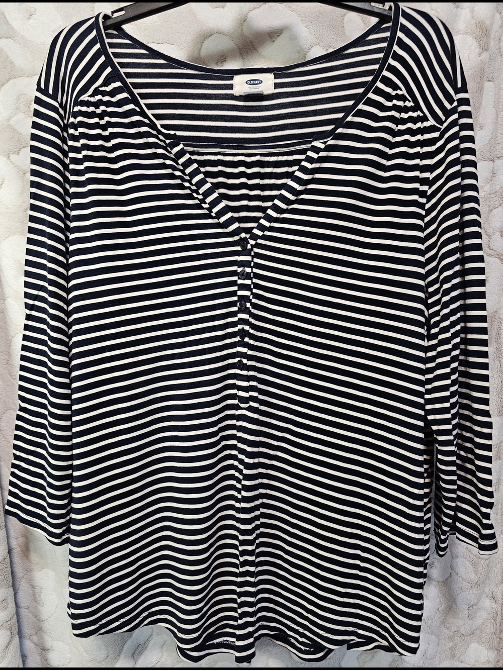 Old Navy Navy and White Striped V-Neck Long Sleeve Tee